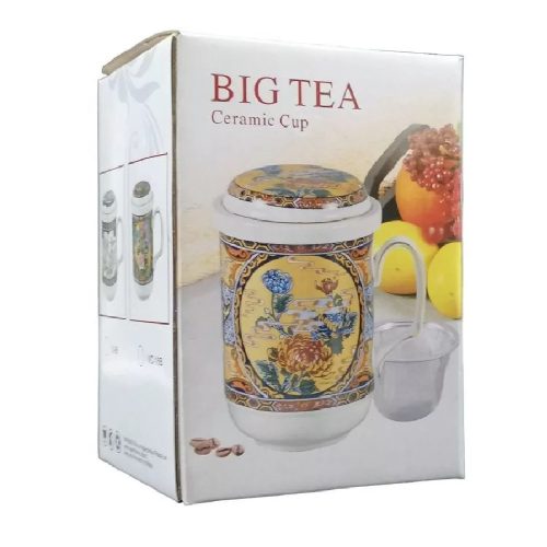 Porcelán teásbögre 330ml BIG TEA 4 féle mintával, peremes tetővel + fém szűrővel