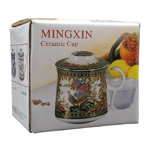 Porcelán teásbögre 260ml MINGXIN 4 féle mintával, kúpos tetővel és fém szűrővel