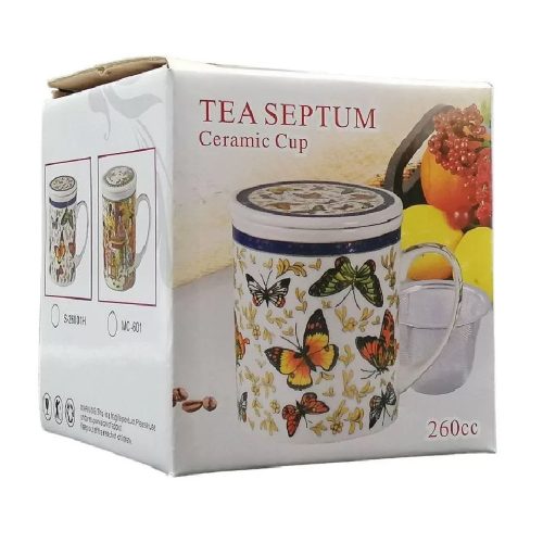 Porcelán teásbögre 260ml SEPTUM 3 féle mintával, lapos tetővel és fém szűrővel